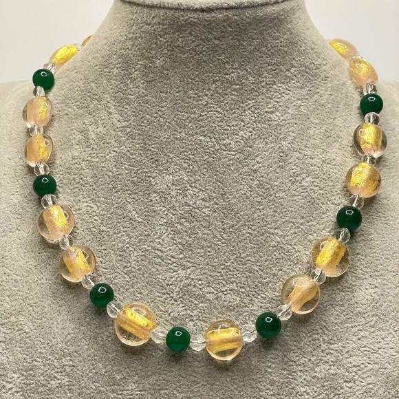 Artisan Handcrafted Emerald Green Gemstone Murano Foil Glass Beaded Necklace - Picture 1 of 7